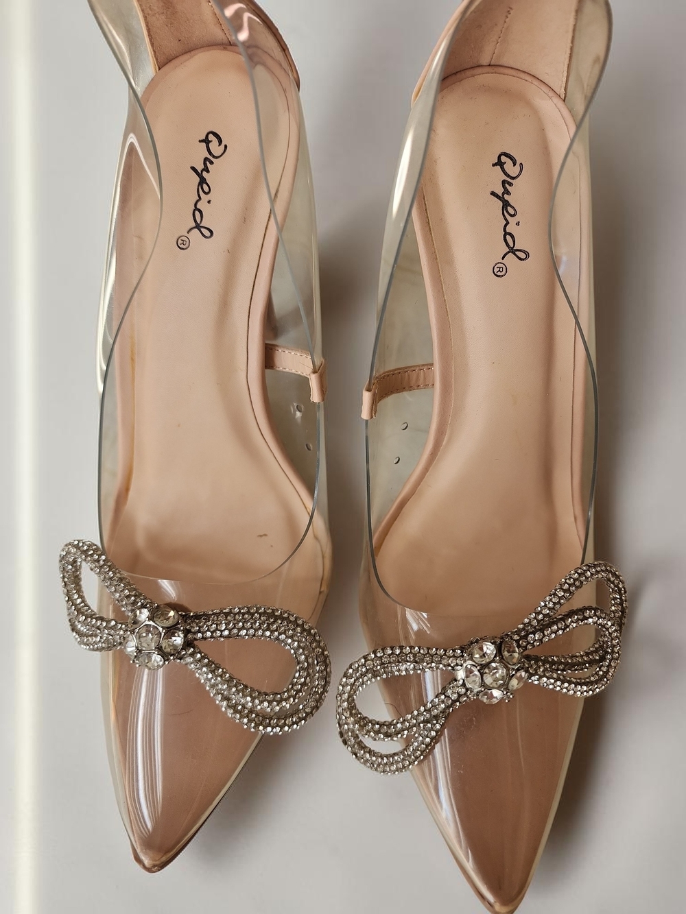 Qupid Nude Patent Pointed-Toe Heels with Clear Panels & Rhinestone Bow